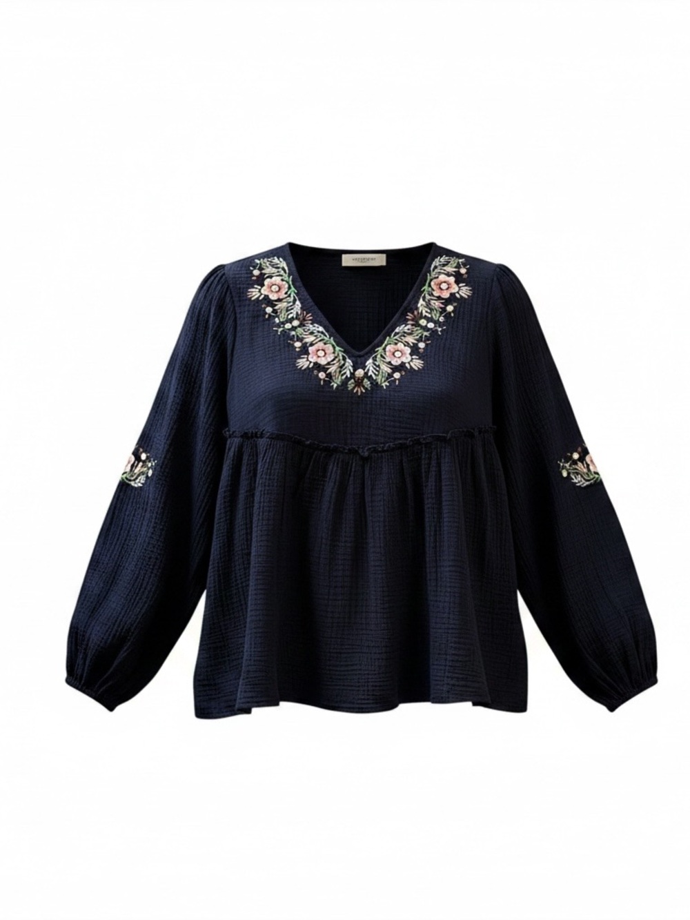 Grace + Karma Embroidered Boho Peasant Blouse Navy Floral XL NWT